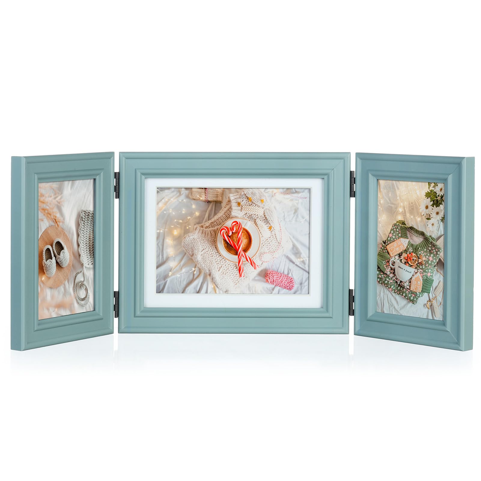 Photo 1 of Tamolus 3 Vertical Horizontal Hinged Wood Picture Frame 4x6 and 5x7 Triple Folding Photo Frame Home Decor with Real Glass Front in Teal Blue for Tabletop, Display 4x6 with Mat or 5x7 without Mat