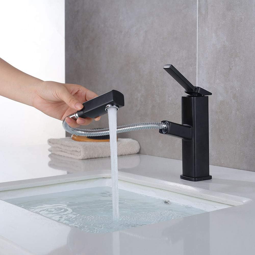 Modern Bathroom Faucet with Pull Out Sprayer,One Handle Pull Out Bathroom Faucet,Single Hole Pull Out Bar Faucet,Lavatory Pull Down Bathroom Faucet, Basin Mixer Tap for Hot & Cold,Short,Black