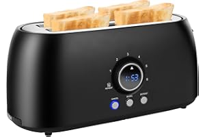 Toaster 4 Slice JEWJIO, 1.5” Extra Wide Long Slots, 1300W Stainless Steel with LCD Timer, Defrost/Reheat/Cancel/Bagel, 6 Brow
