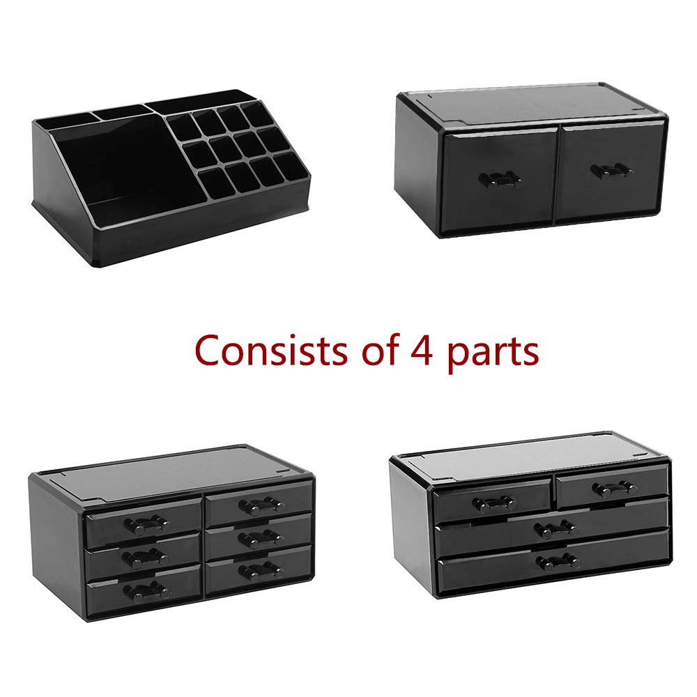Display4top Acrylic Jewelry and Cosmetic Storage Makeup Organizer Set with 12 Drawers,4 Piece,Large Capacity. (Black)
