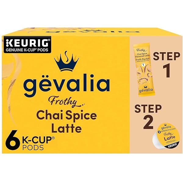 GEVALIA FROTHY 2-STEP CHAI SPICE FLAVORED LATTE KEURIG K-CUP COFFEE PODS & FROTH PACKETS KIT (6 CT BOX) (4)