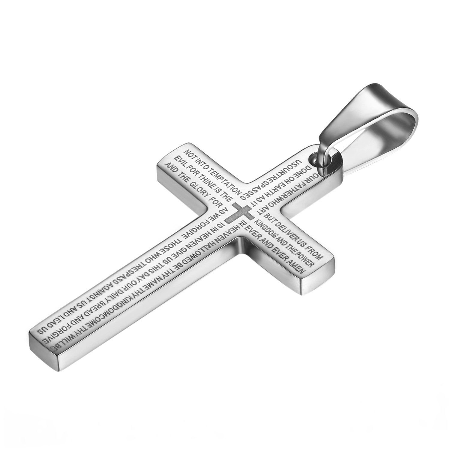 Flongo Lords Prayer Cross Pendant Necklace: Silver Stainless Steel Necklace with 22 Inches Chain Cross Pendant Engraved Bible Necklace Religious Jewelry Gifts for Women Men