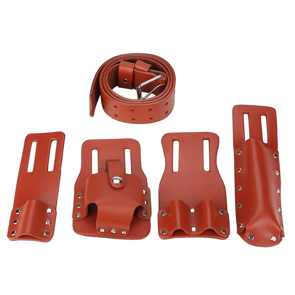 Scaffolding Tool Belt, 5 in 1 Leather Tool Belt Scaffolding Tool Pouch with 4 Movable Tool Holder for Level Spanners Hammer, Dark Red