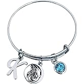 Personalized Wolf Charm Bangle Bracelet with Birthstone and Initial Charm, Wolf Jewelry Gifts for Women, Teens and Girls