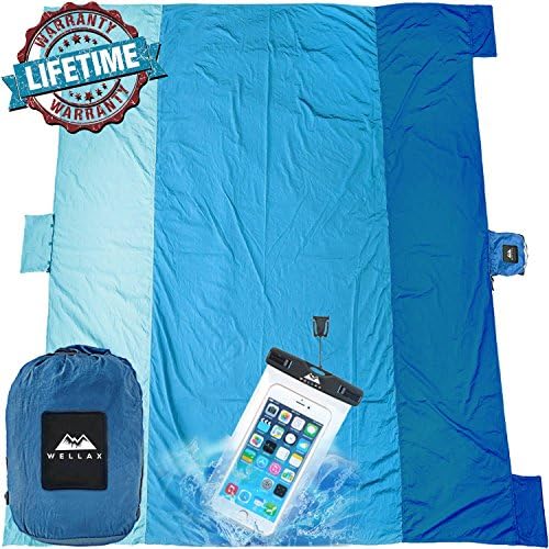WELLAX Sandfree Beach Blanket - Huge Ground Cover 9' x 10' for 7 Adults - Best Sand Proof Picnic Mat for Travel, Camping, Hiking and Music Festivals - Durable Tarp with Corner Pockets