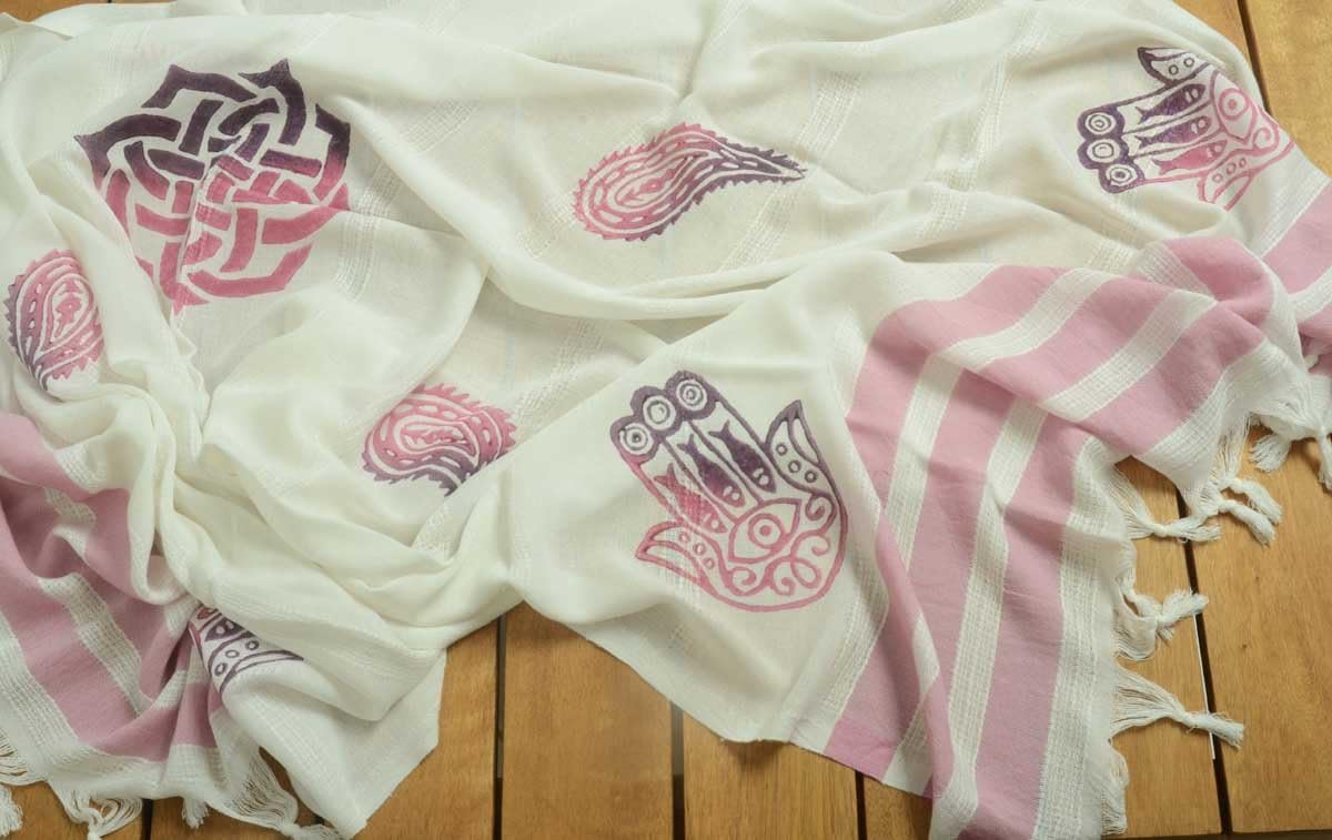 Handwoven Turkish Towel Bath and Beach Peshtemal Towel - Spa Sauna Yacht Beach Hamam Yoga Meditation Shawl - One of a Kind Wood Block Printing - Lavender Stripes - Fatima Hand