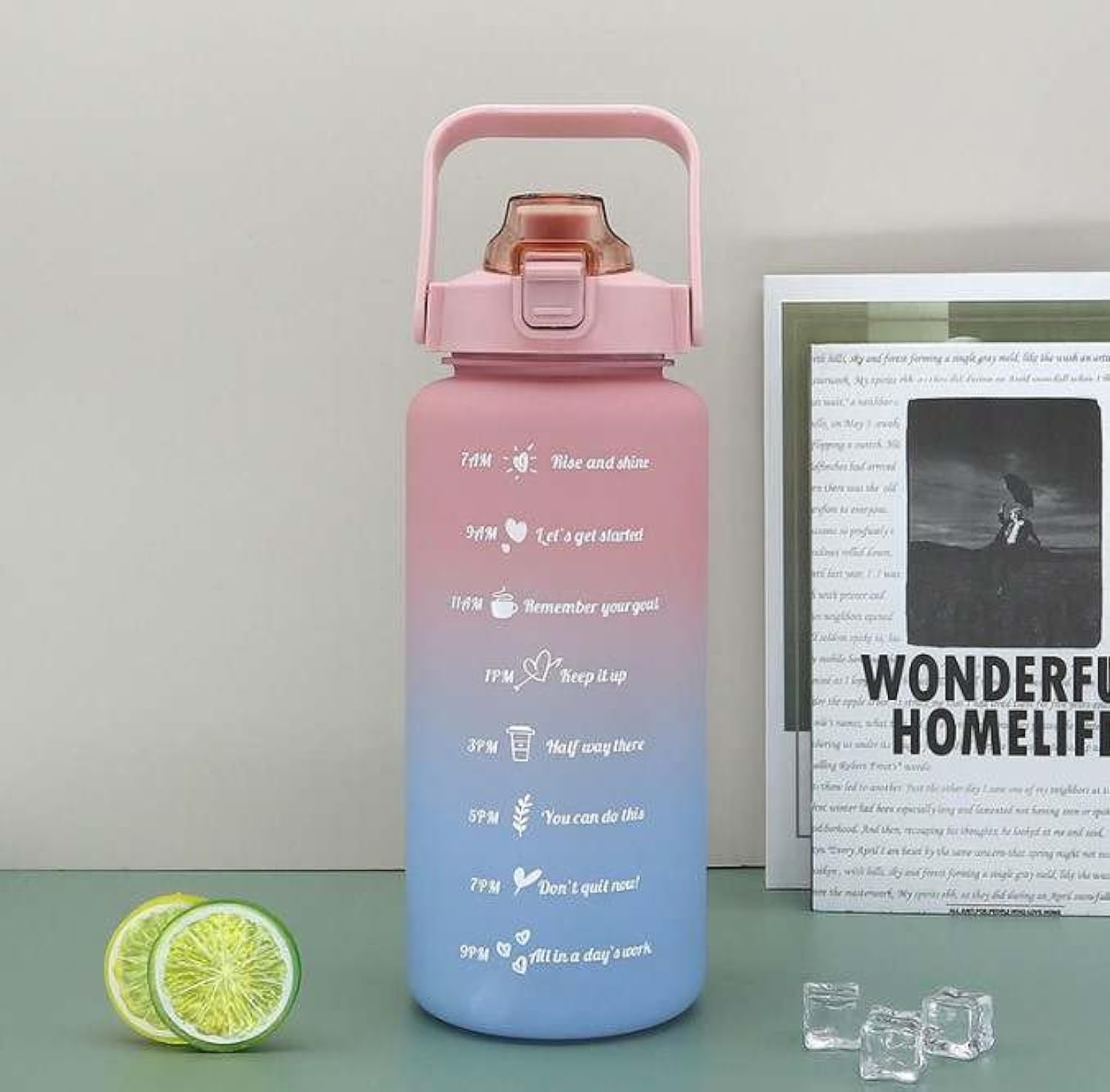 2000ML Time Scale Water Bottle, Outdoor Large Capacity Water Bottle with Flip Top Lid And Straw Strainer., Pink&blue