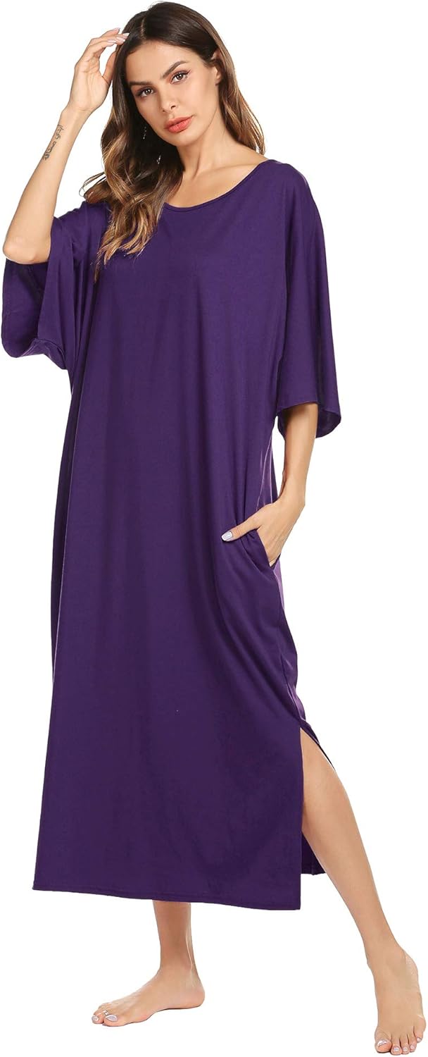 Ekouaer Nightgown, Womens Round Neck/V Neck Loungewear Oversized Pajama Loose Pockets Long Sleep Dress at  Women’s Clothing store