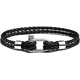 Elegatto Helix Premium Vintage Leather Bracelet for Men | Double Black Leather Strands with Sterling Silver Polished Mini Shackle Closure | Men’s Designer Jewelry