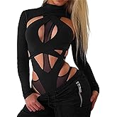Suagox Women Slim One Piece Jumpsuit Long Sleeve Mock Neck Sheer Mesh Leotard Top Cut Out Bodysuit for Rave Party Club