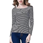 Tulucky Women's Casual Long Sleeve Shirts Stripe Tees Round Neck Tank Tops