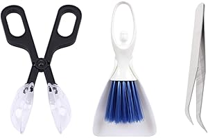TFWADMX Tiny Cleanning Broom, Scooper Feeding Tool,Mini Dustpan and Brush, Stainless Steel Tweezer for Reptile and Other Small Animals Supplies House Bedding 3Pcs