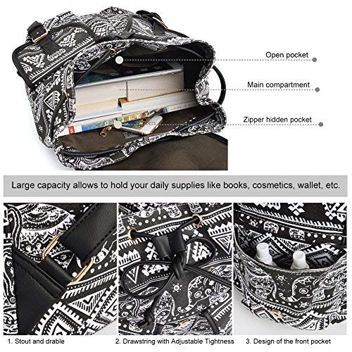 Vbiger Sac à Dos en Toile Imprimé pour Filles Femmes Style Rustique  - Noir - Taille Unique