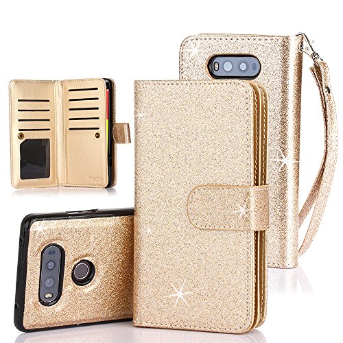 LG V20 Case, TabPow 10 Card Slot - [ID Slot] Wallet Folio PU Leather Case Cover With Detachable Magnetic Hard Case For LG V20 - Glitter Gold