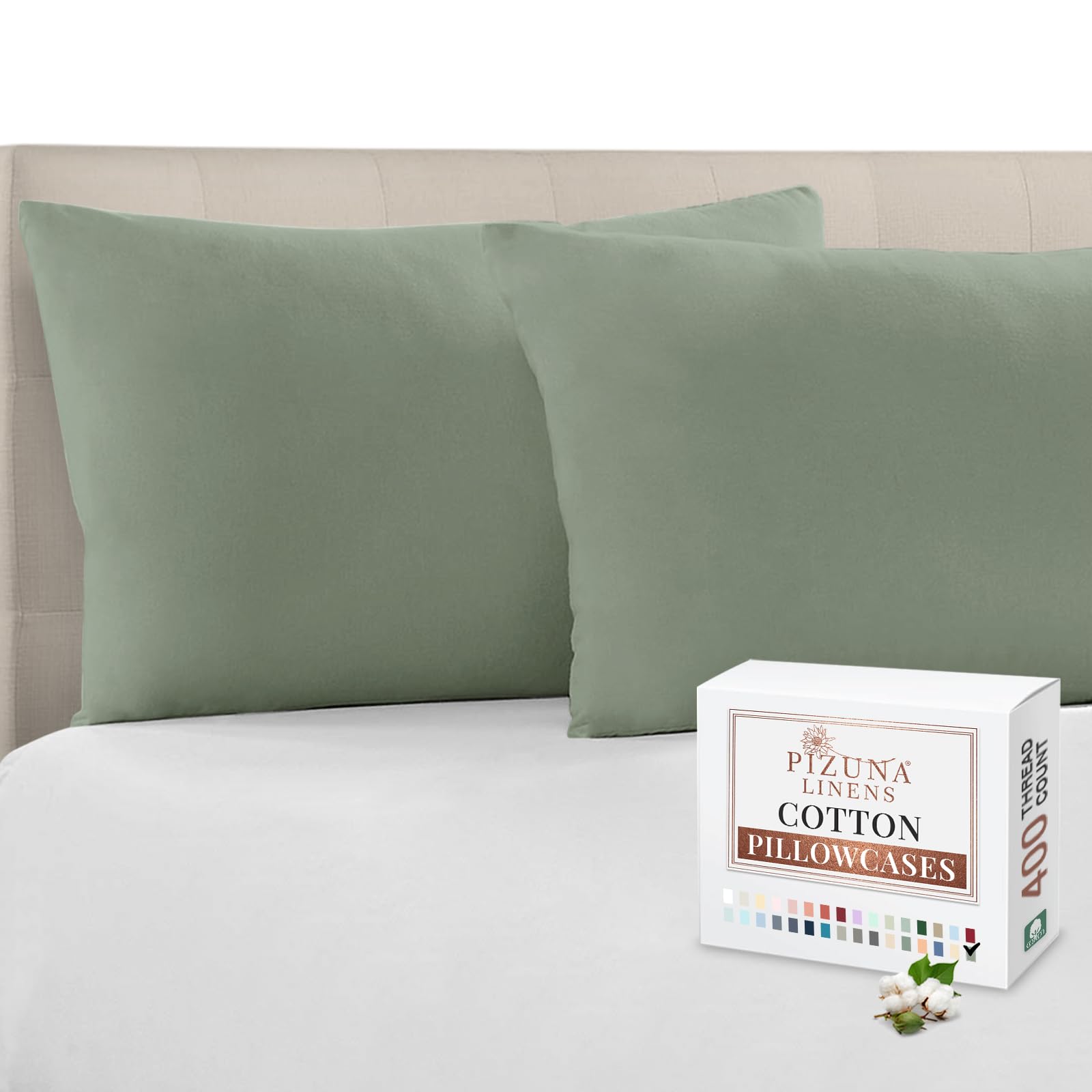 Pizuna 100% Cotton Housewife Pillowcases 2 Pack Sea Foam 48x74cm, 400 Thread Count Long Staple Combed Cotton Pillow Cover, Sateen Weave Standard Housewife Pillowcase (Cotton Pillowcase Pack of 2)