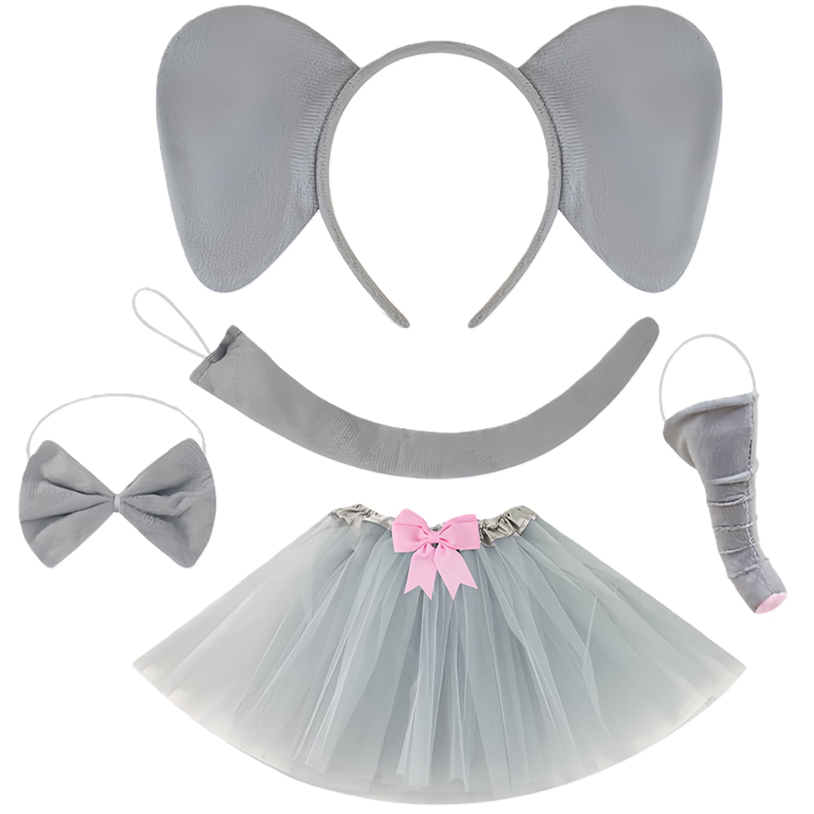 GWAWG Elephant Headband with Ears Tail Bow Tie Nose and Tutu Skirt Set, Animal Costume Accessories for Fancy Dress Party, Halloween, Cosplay, Carnival, Christmas, Stage Show, World Book Day