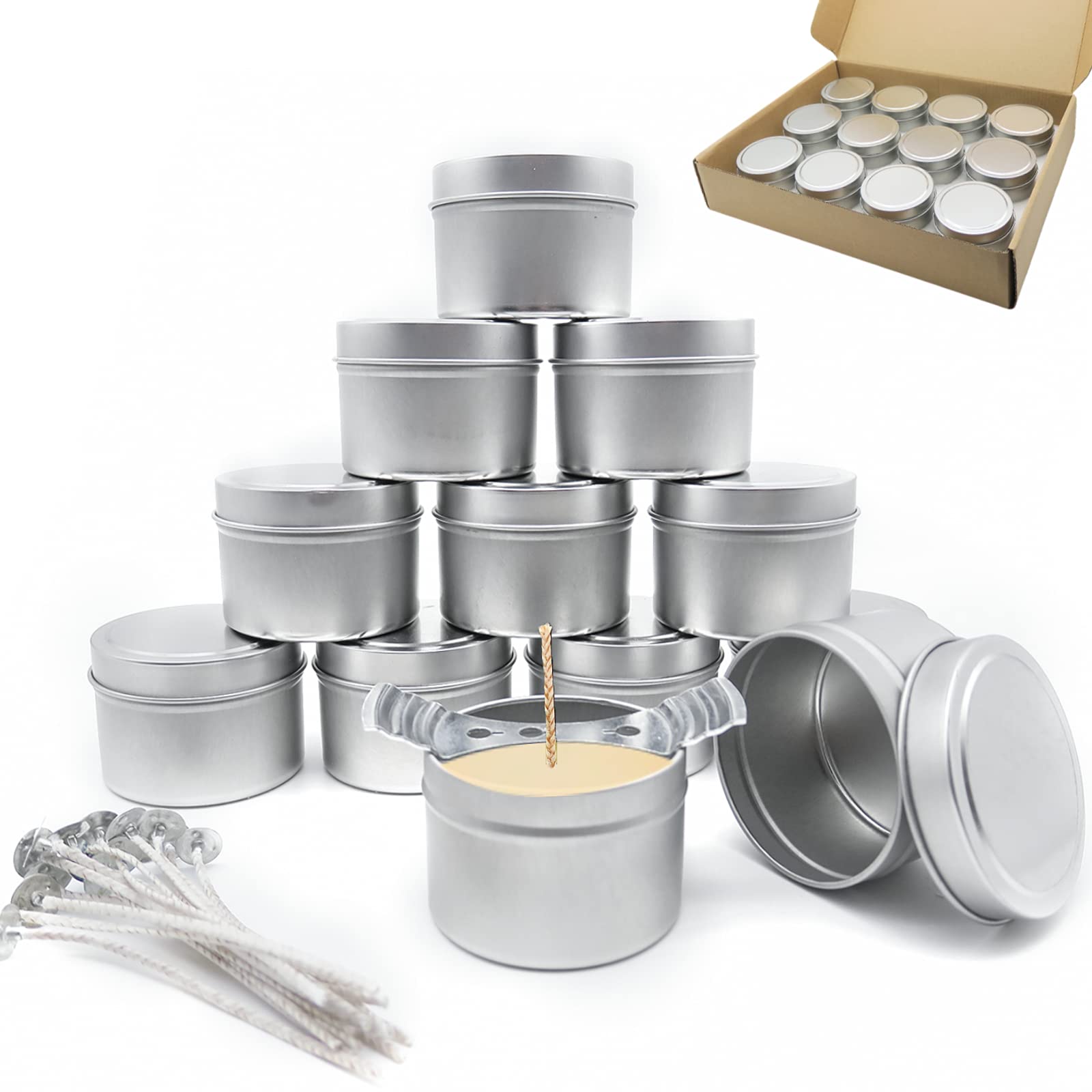 KOOLPUG Candle Tins 4 oz, 12 pcs Containers with 15 Soy Pre Waxed Wicks, Metal Tins for DIY, Crafting, Storage (Silver)