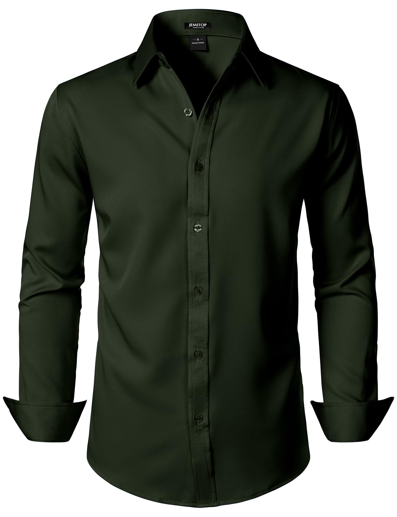 Photo 1 of JEMITOP Men's Stretch Soft Slim Fit Dress Shirts Long Sleeve Formal Wedding Business Casual Button Down Up Shirt Deep Forest Green S