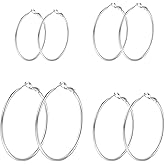4 Pairs Stainless Steel 30/40/50/60 mm Silver 14K Gold Hoop Earrings for Women Hypoallergenic Big Thin Lightweight Dangle Set