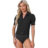 Allegra K Women's Bodysuit Tops Collared Short Sleeve Button Down Work Shirt Business Professional Outfits