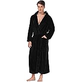 Men's Plush Hooded Bathrobe Winter Warm Fleece Robes Soft Flannel Long Robes with Pockets, Full Length