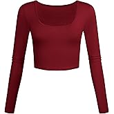 Lightweight Square Neck Crop Tops Long Sleeve Slim Fit Basic Shirts for Women