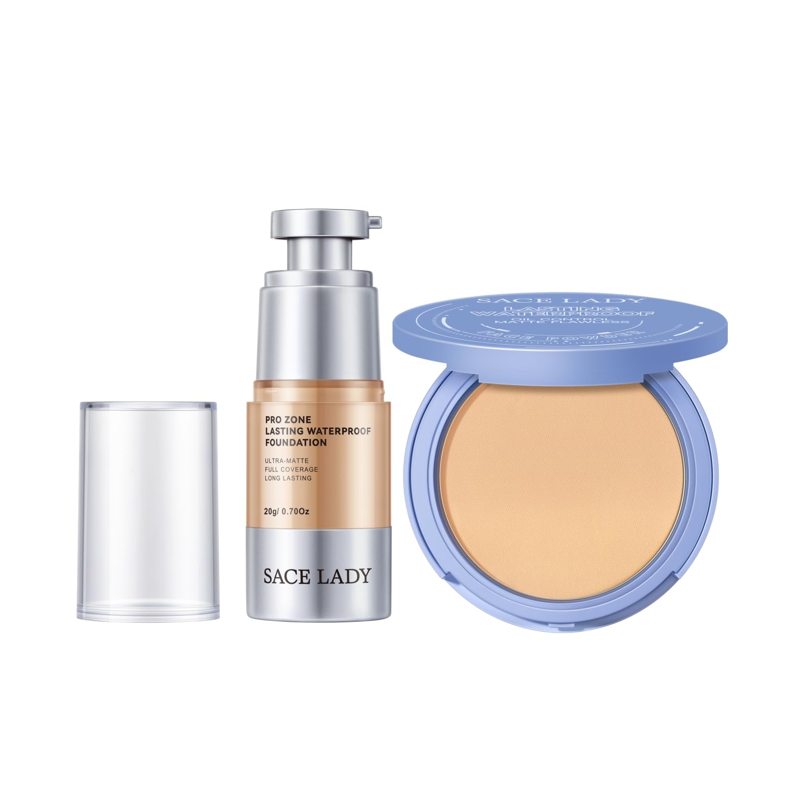 SACE LADY Full Cover Liquid Foundation and Face Pressed Compact Powder Makeup Set, Flawless Lasting Oil Control Face Makeup Kit 2Pcs