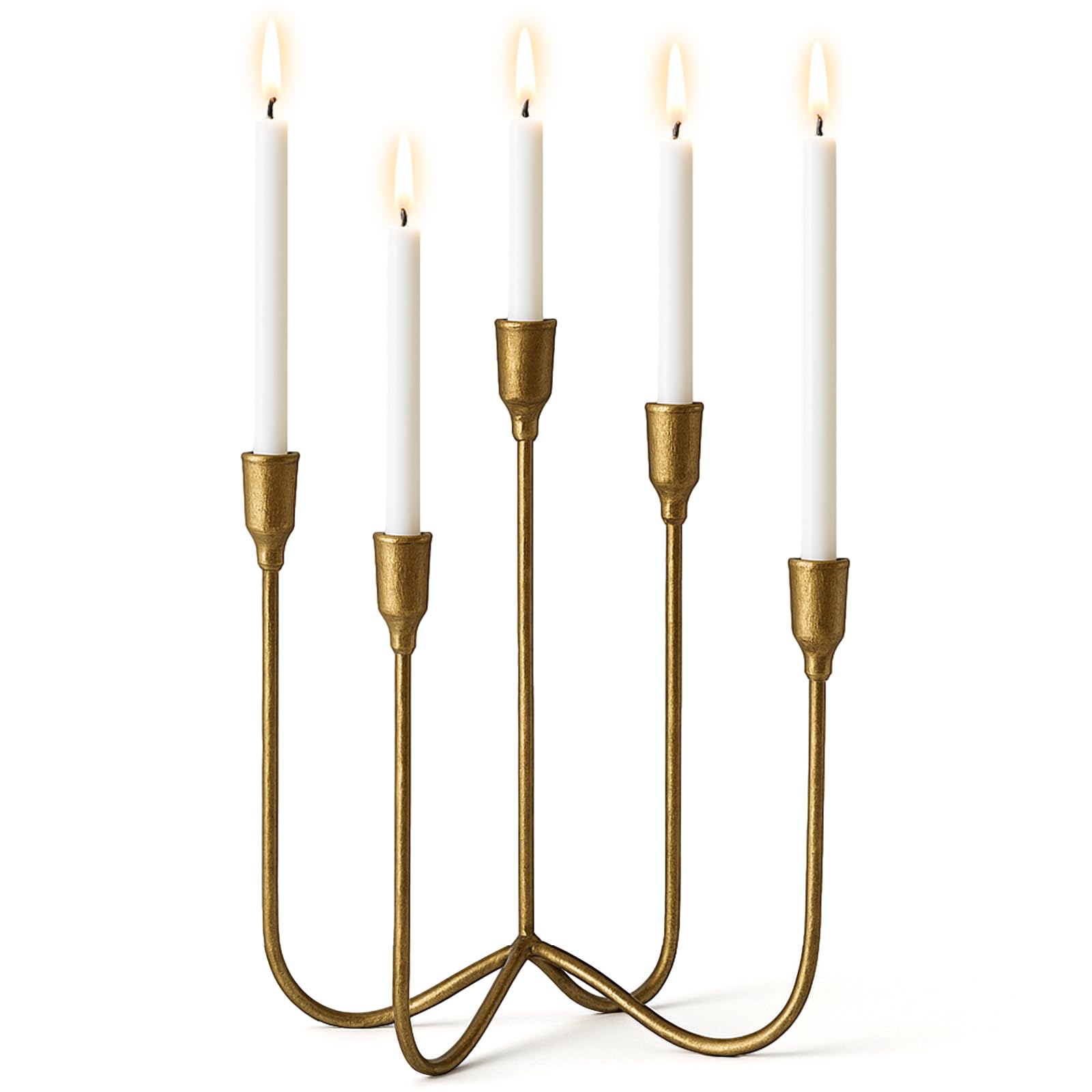 Photo 1 of ***MISSING PART -SELLING AS IS*** Newtay 1 Pcs 5-Candle Cast Iron Tabletop Candelabra Christmas Metal Candlestick Holders 17 Inch 5 Candle Candlestick Holders for Christmas Table Mantel Dinner Wedding Gift(Candle Not Included) (Gold)