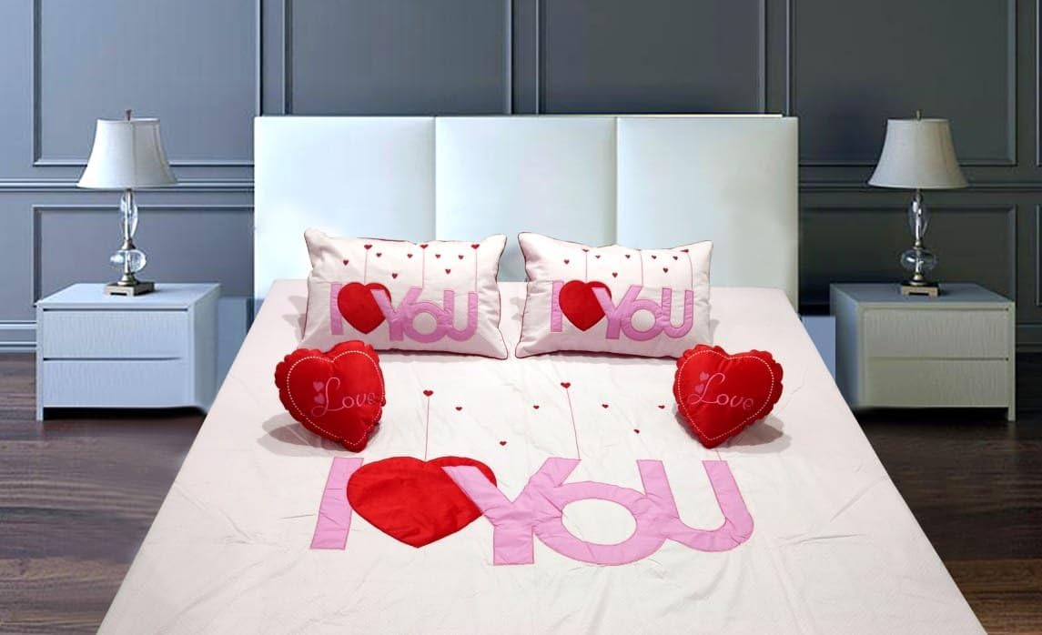 Raedial Arts I Love You Patch Designer Cotton Double Bedsheet for Couples with 2 Pillow Covers and 2 Heart Cushion (Pink)