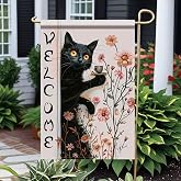 Tomhong Garden Flag Black Cat With Coffee Cup 12x18 inch Double Sided Outdoor YardBanner For Fall Floral Pumpkin Autumn Harvest Porch Lawn Patio Garden Welcome Decoration