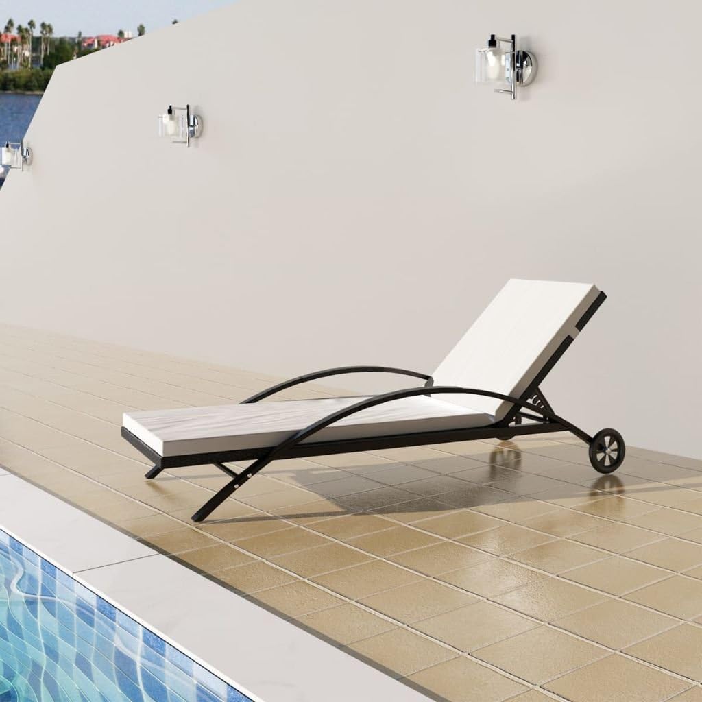 Outdoor Chaise Lounge Chair Adjustable with Cushion and Wheels, Poly Rattan for Pool Patio Beach Backyard