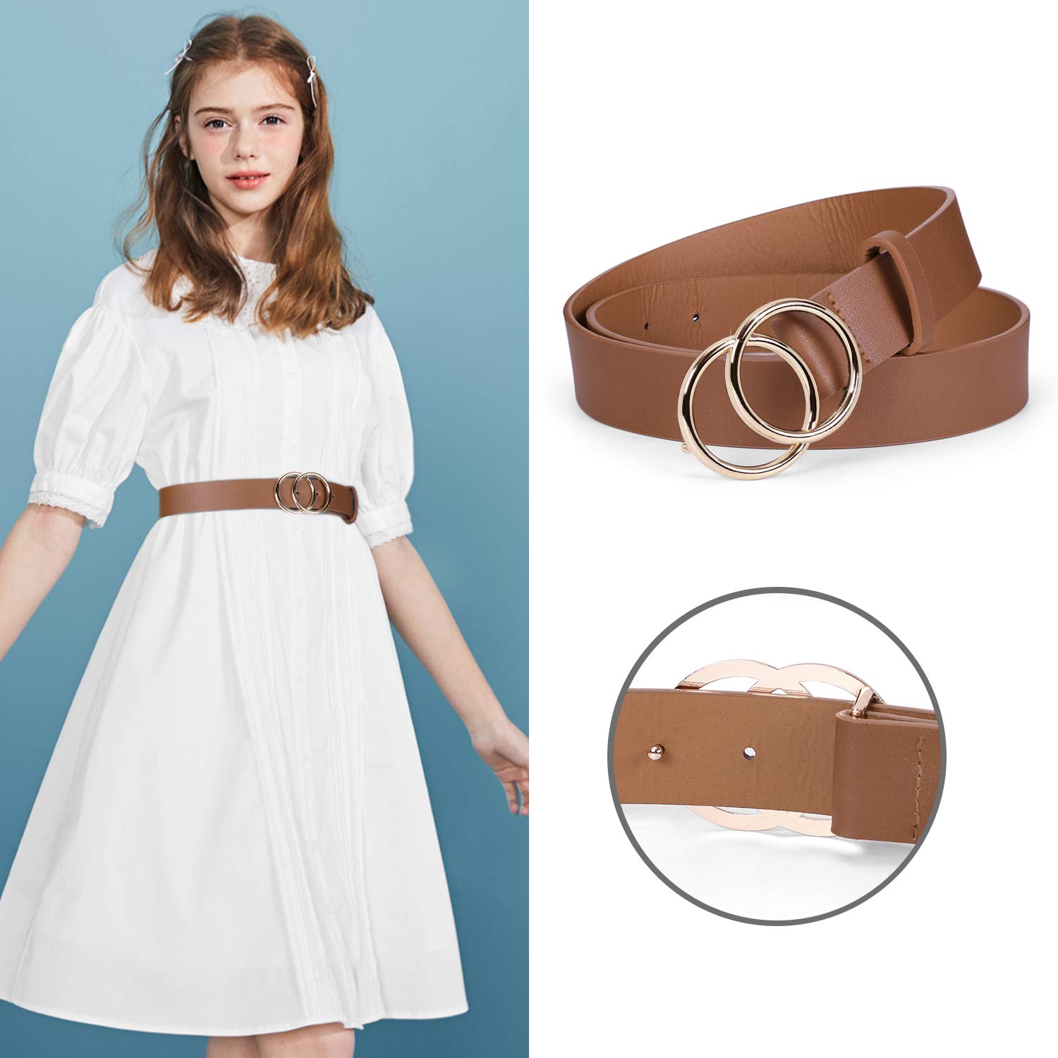 Women\'s Leather Belt for Dress Jeans Fashion Soft Leather with Double O-Ring Buckle