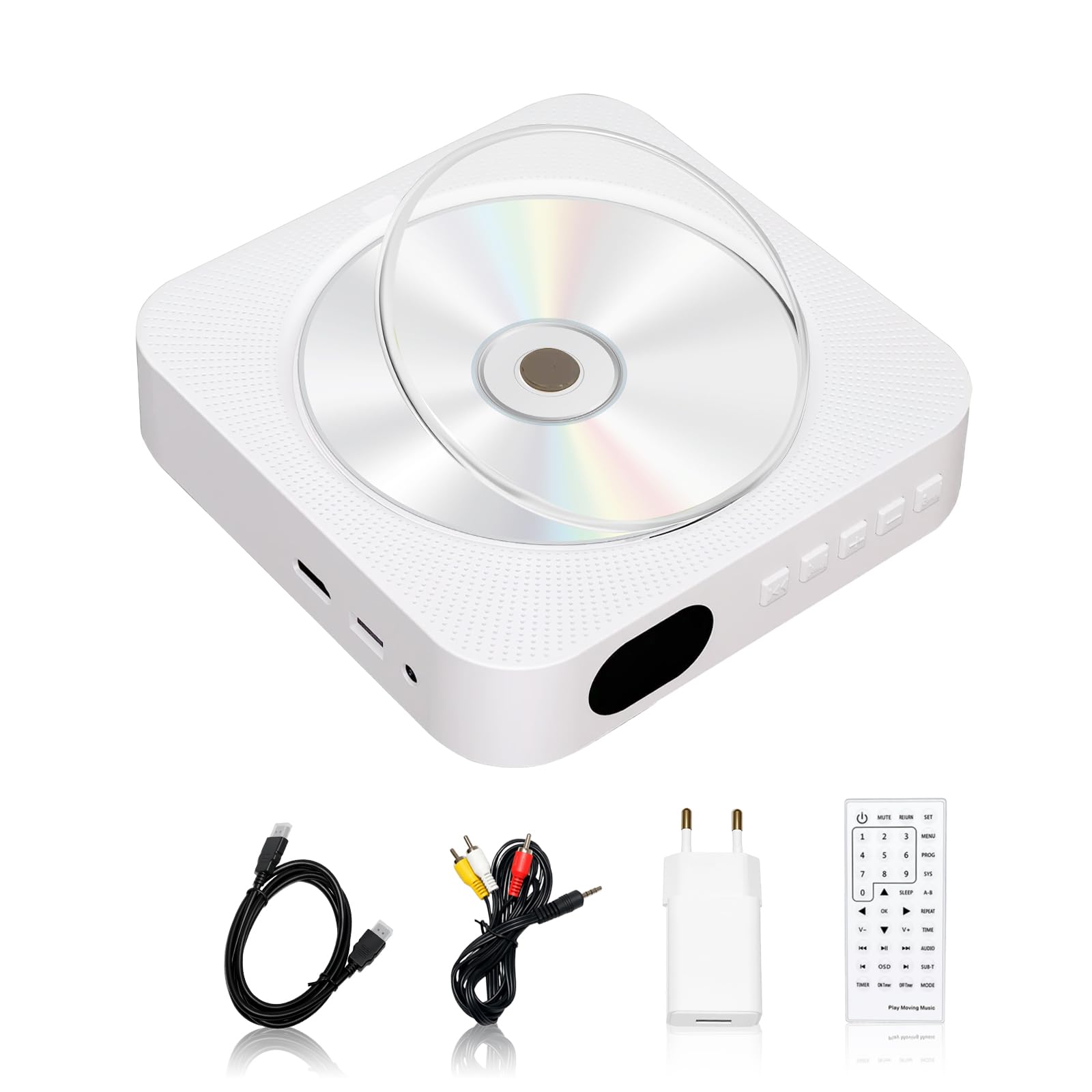 Adirigo Portable CD/DVD Player with Bluetooth,Wall Mountable Built-in HiFi Speakers, Home Audio Boombox with Remote Control FM Radio USB MP3 3.5mm Headphone Jack AUX Input/Output