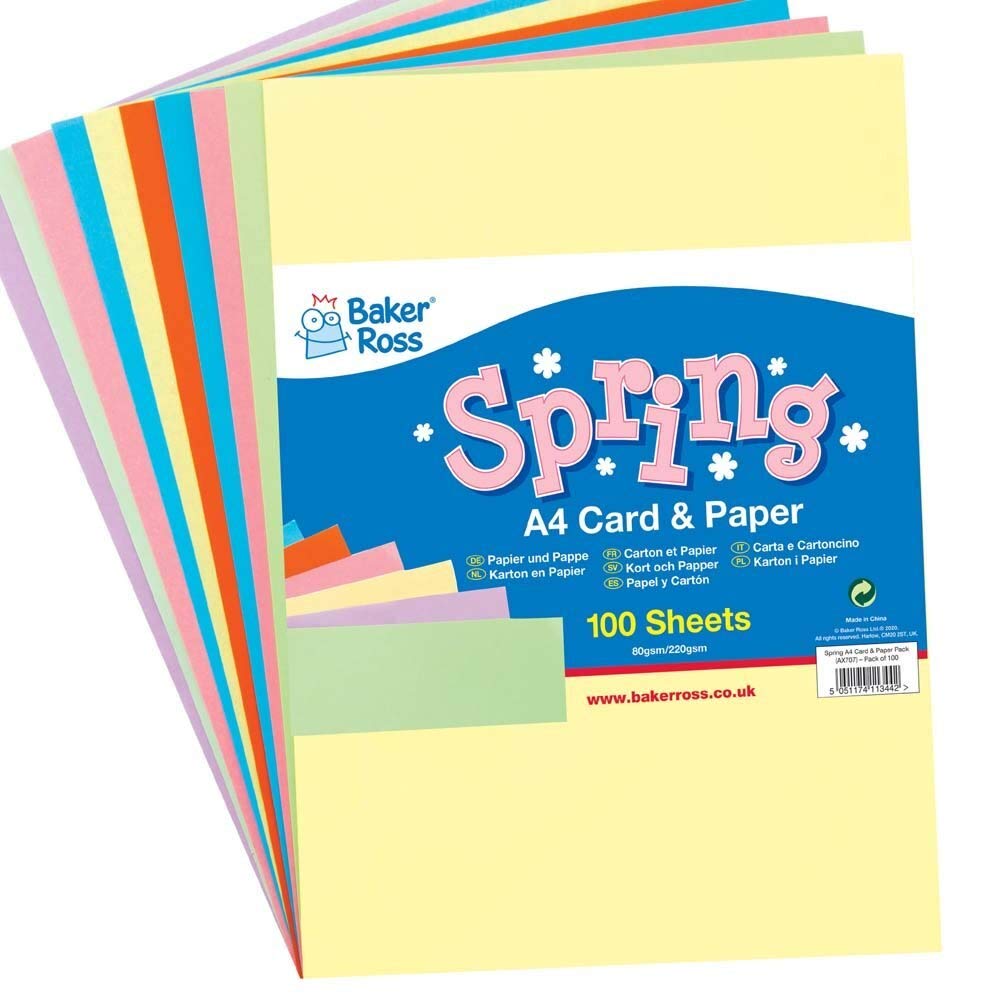 Baker Ross AX707 A4 Spring Colours Card and Paper - Pack of 100 Sheets,Value Pack of Creative Art Supplies for Kids,Yellow,Blue,Green,Pink