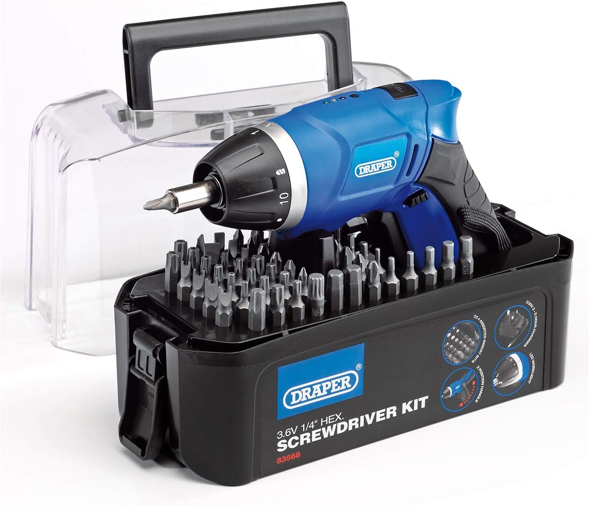 Draper Storm Force 3.6V Cordless Li-Ion Screwdriver and 50-Bit Kit, Blue