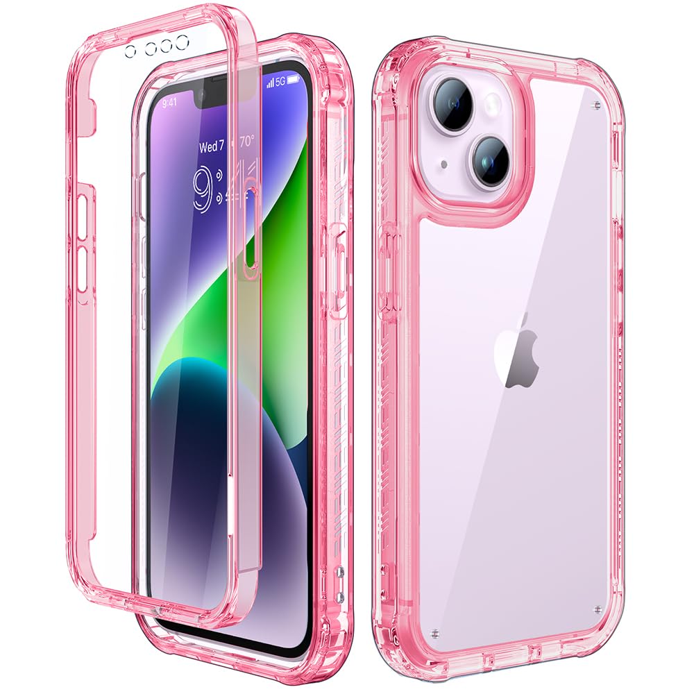 Lifedance iPhone 14/13 Case, Full-Body Rugged Protective Case with Built-in Screen Protector, 10 FT Military Grade Drop Protection, Heavy Duty Shockproof, Clear Pink