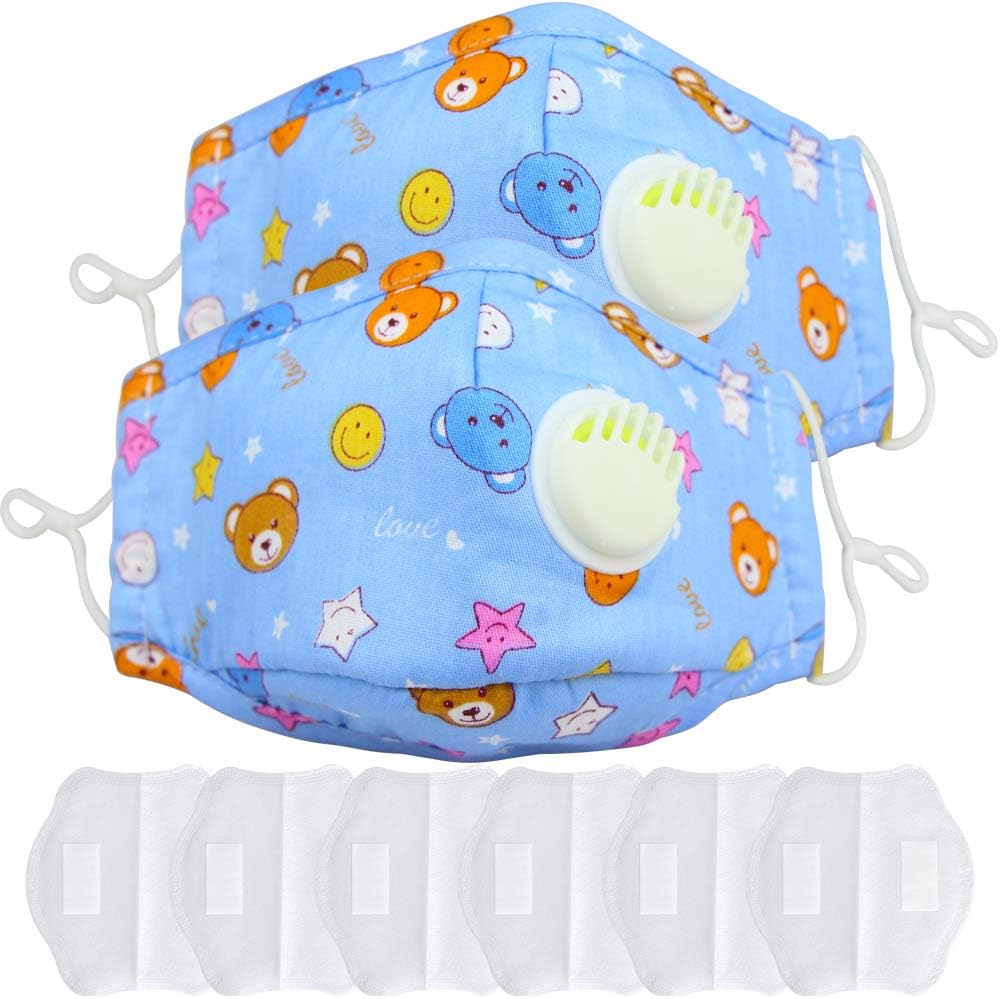 Jugaogao 2pcs Kids Face Mouth Protection Reusable Cover and 6pcs Dustproof Breathable Filter Anti Dust Smoke Pollution for Age 4-10 Kids