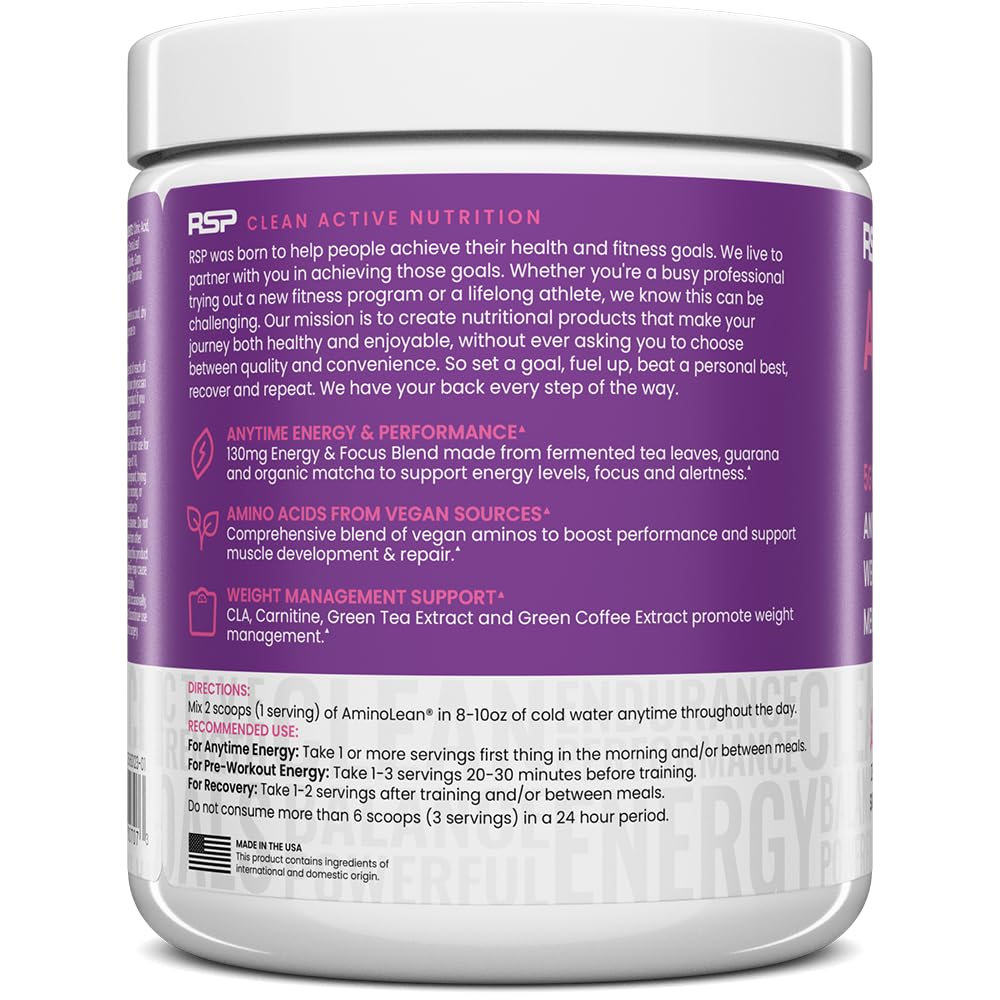 RSP NUTRITION AminoLean Natural Pre Workout Powder, Sucralose Free Amino Energy with No Artificial Dyes, Vegan BCAAs and Weight Management, Acai, 25 Serv