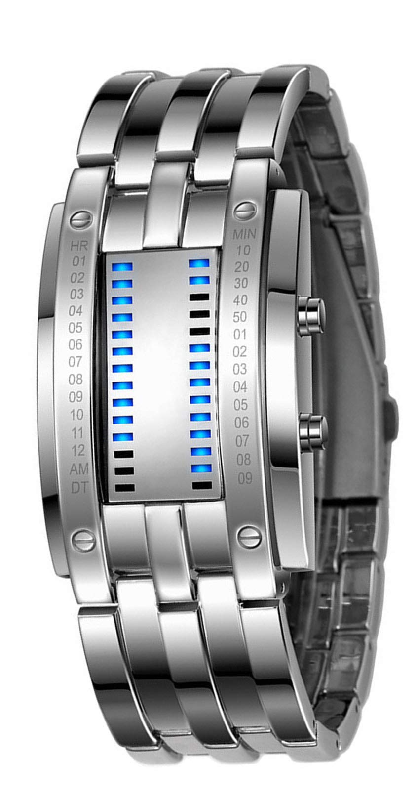 Fashion Casual Binary LED Military Men's Sports Stainless Steel Quartz Rectangle Wrist Watch Silver, Silver, Business Casual Fashion Sports