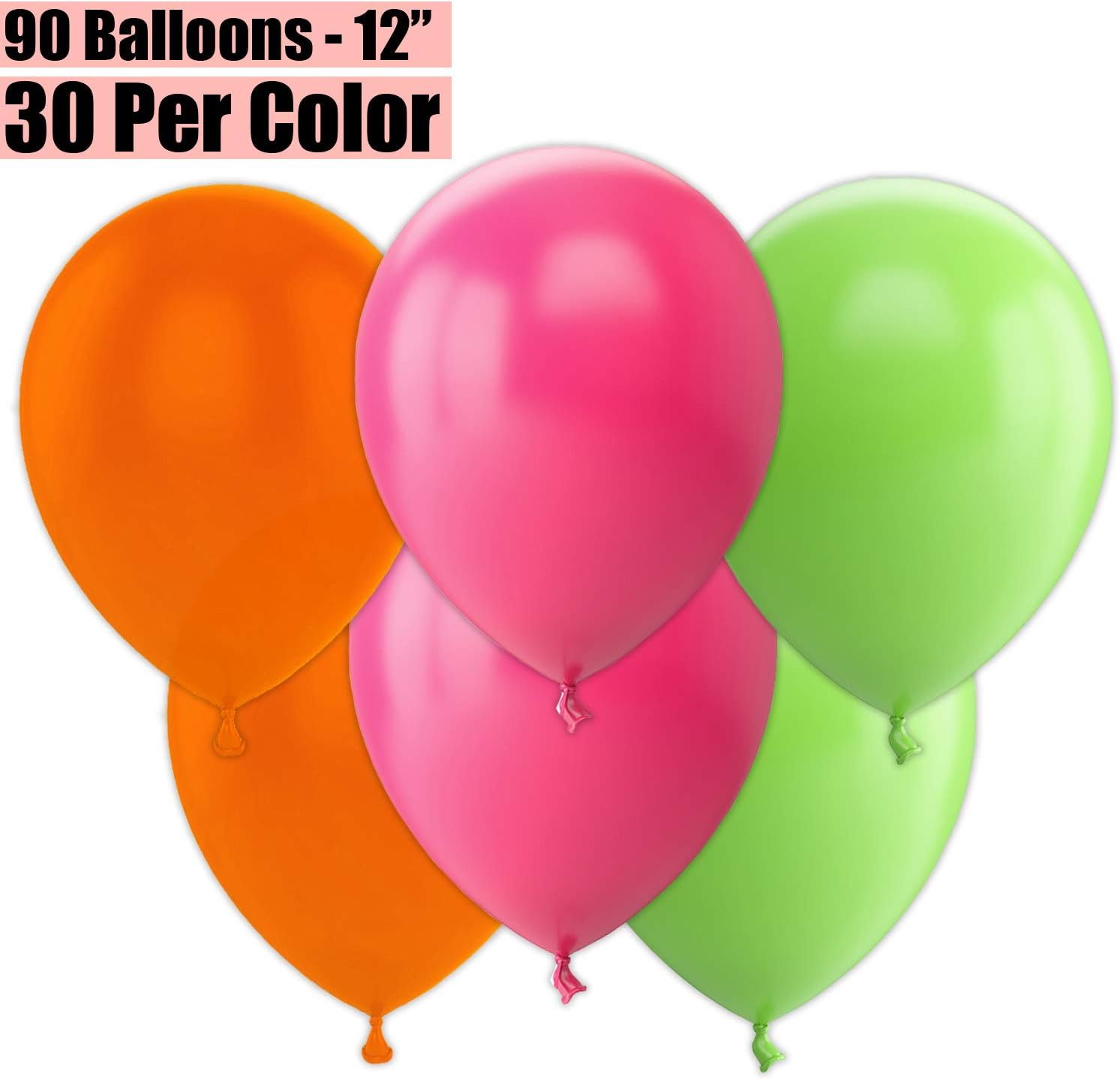 12 Inch Party Balloons, 90 Count - Orange + Fuchsia + Lime Green - 30 Per Color. Helium Quality Bulk Latex Balloons In 3 Assorted Colors - For Birthdays, Holidays, Celebrations, and More!!