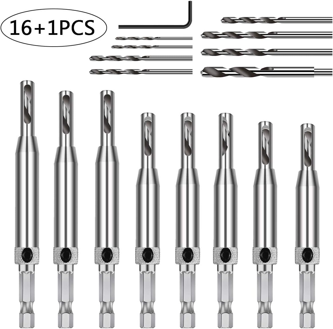 Ansblue 16 PCS Center Drill Bit Set, Self Centering Hinge Tapper Core Hole Puncher, Woodworking Tools for Cabinet Door, Adjustable Door Window Drill Bits with 1 Hex Key & 8 Replacement bit 5/64”-1/4"