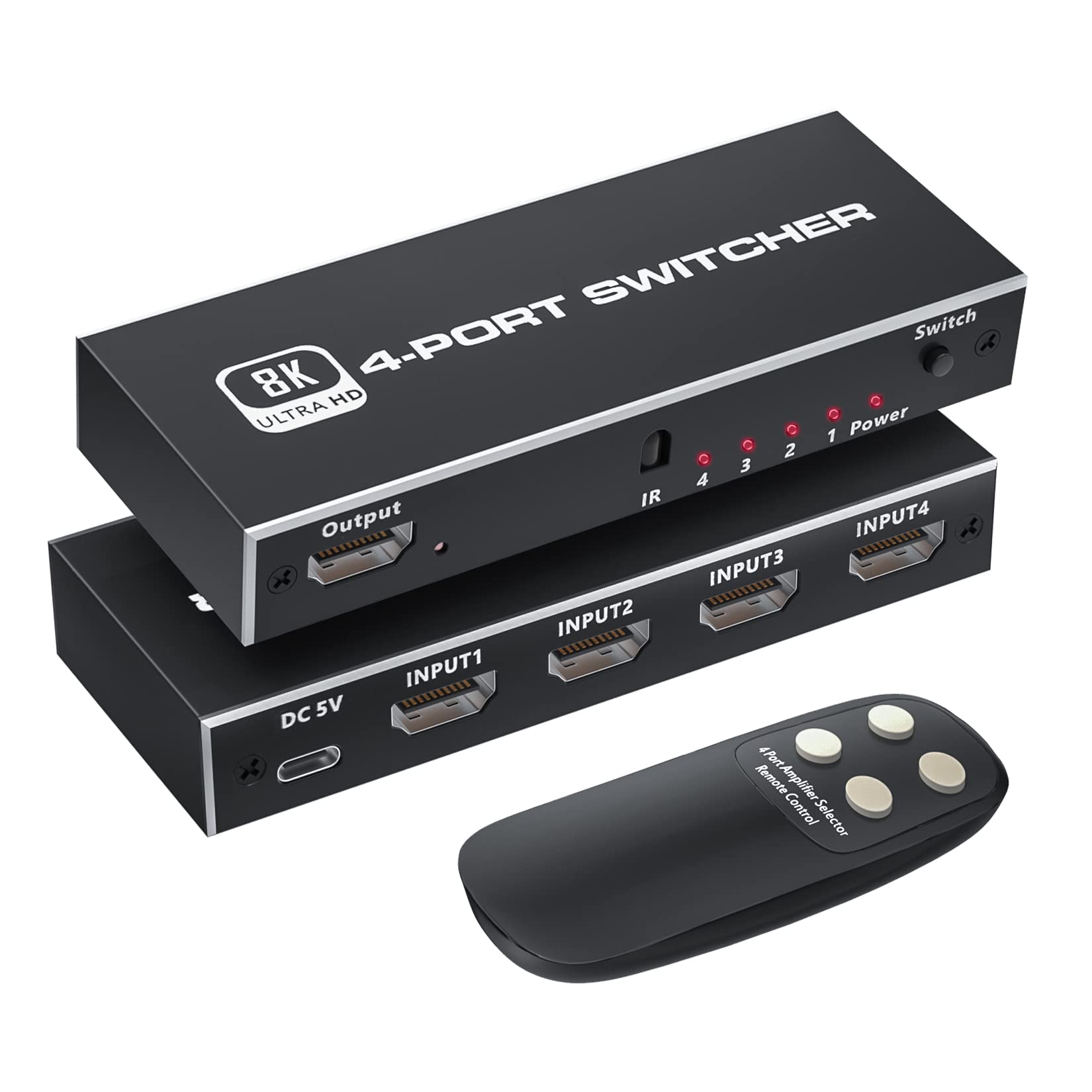 8K HDMI 2.1 Switch 4 in 1 Out with IR Remote, BolAAzuL HDMI 2.1 Switcher 4 Port 8K@60Hz 4K@120Hz 4 Input 1 Output HDMI Hub 3D 1080P HDCP2.3 CEC for Xbox PS5 Blue-ray Player Projectors Monitors