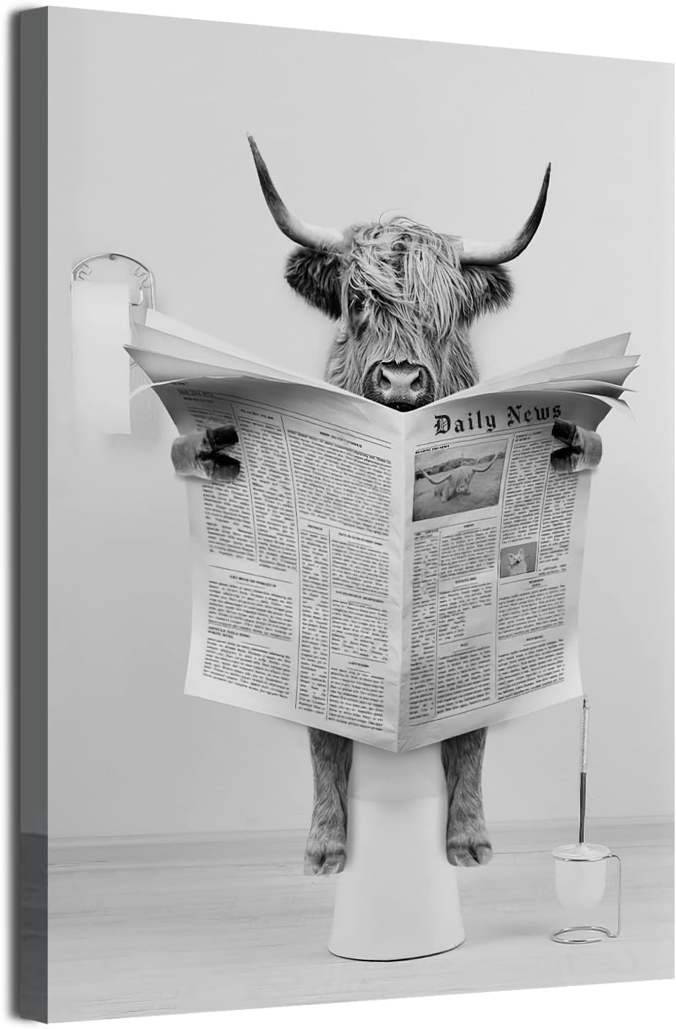 MKHFUW Scottish Highland Cow Wall Art Black and White Canvas Picture Cottage Bathroom Decorative Cow Wall Picture in Bathtub, Frameless（Reading Cinder,50 x 70cm）