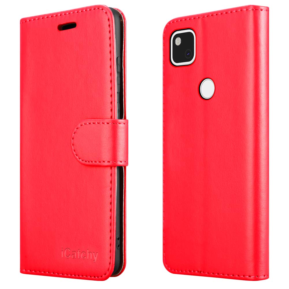 iCatchy For Google Pixel 4a Case Leather Wallet Book Flip Folio Stand View Cover Pouch for Google Pixel 4a (Red)