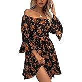 JECEIKA Womens Off Shoulder Ruffle Floral Summer Wedding Guest Dresses A Line Shift Short Skater Dress with Belt