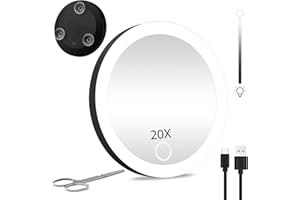 JJHXR 20X Magnifying Mirror with Lights 4" Makeup Magnifying Mirror 20X Magnification Rechargeable Travel Magnifying Mirror with Lights & Suction Cups, Pocket 20X Magnifying Mirror Dimmable Magnified Mirror