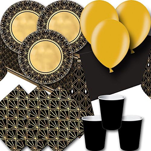 Black & Gold Hollywood Party Pack for 8 - Plates, Cups, Napkins, Balloons and Tablecover