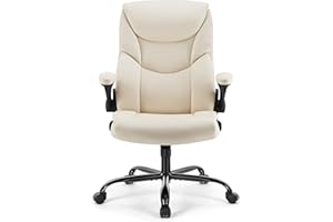 Sweetcrispy Ergonomic Office Chair Heavy Duty Task Desk Chair with Flip-up Arms, PU Leather, Adjustable Swivel Rolling Chair with Wheels, Beige