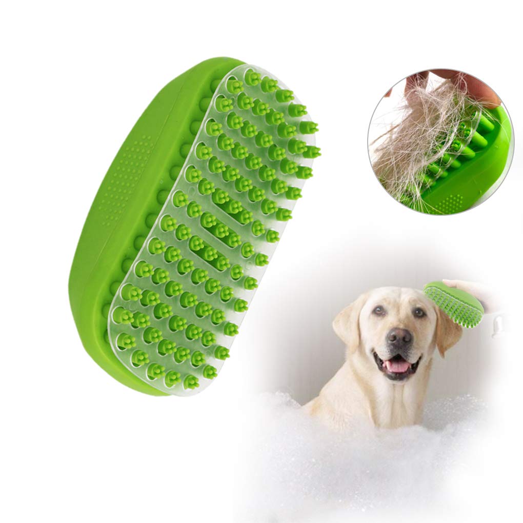 Pets Bath Massage Brush for Dog Shower with Transparent baffle Easy to Remove Shed Hair Bath Grooming Comb Tools Made of Soft Rubber (Green)