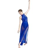 ODASDO Women Lyrical Dance Dress Modern Contemporary Dancewear Halter Neck Sequins Leotard Mesh Tulle Maxi Long Skirt